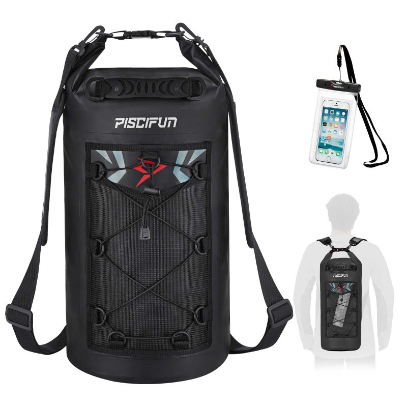 Piscifun Dry Bag, Waterproof Floating Backpack 30L with Waterproof Phone Case for Boating, Kayaking, Fishing, Black 30L - Image 1